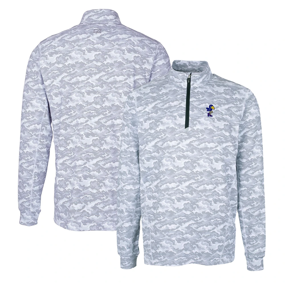Men's Cutter & Buck Charcoal Kansas Jayhawks Vault Traverse Camo Print Stretch Quarter-Zip Pullover Top