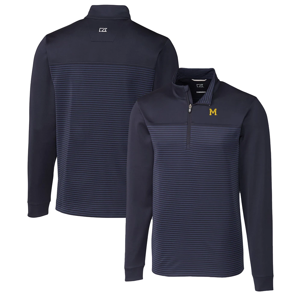 Men's Cutter & Buck Navy Michigan Wolverines Traverse Stripe Quarter-Zip Pullover Top