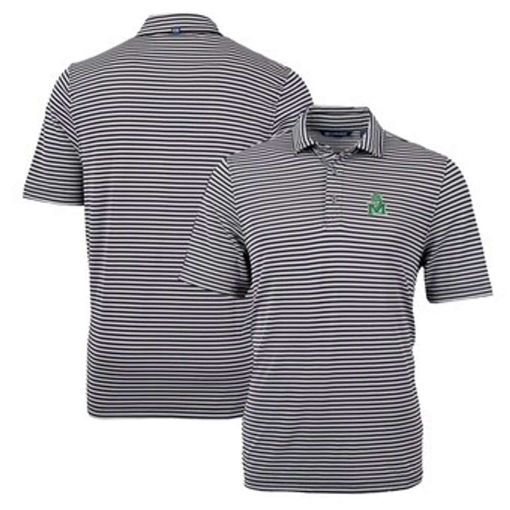Men's Cutter & Buck Black Marshall Thundering Herd Throwback Logo Virtue Eco Pique Stripe Recycled Polo