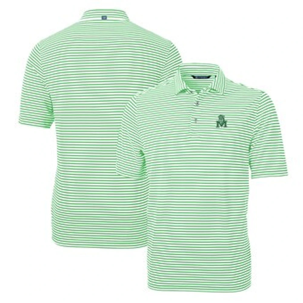Men's Cutter & Buck Kelly Green Marshall Thundering Herd Throwback Logo Virtue Eco Pique Stripe Recycled Polo