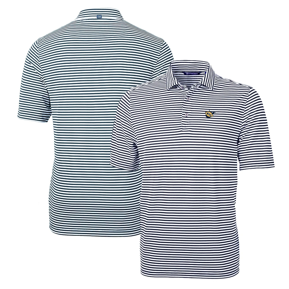 Men's Cutter & Buck Navy West Virginia Mountaineers Throwback Logo Virtue Eco Pique Stripe Recycled Polo