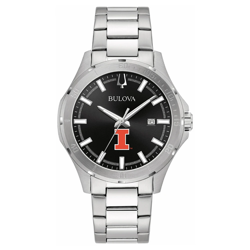 Men's Bulova Black Illinois Fighting Illini Stainless Steel Classic Sport Watch