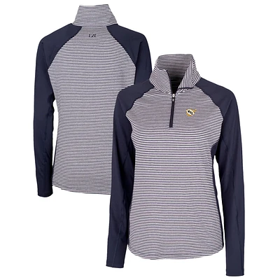 Women's Cutter & Buck Navy West Virginia Mountaineers Forge Tonal Stripe Stretch Half-Zip Pullover Top