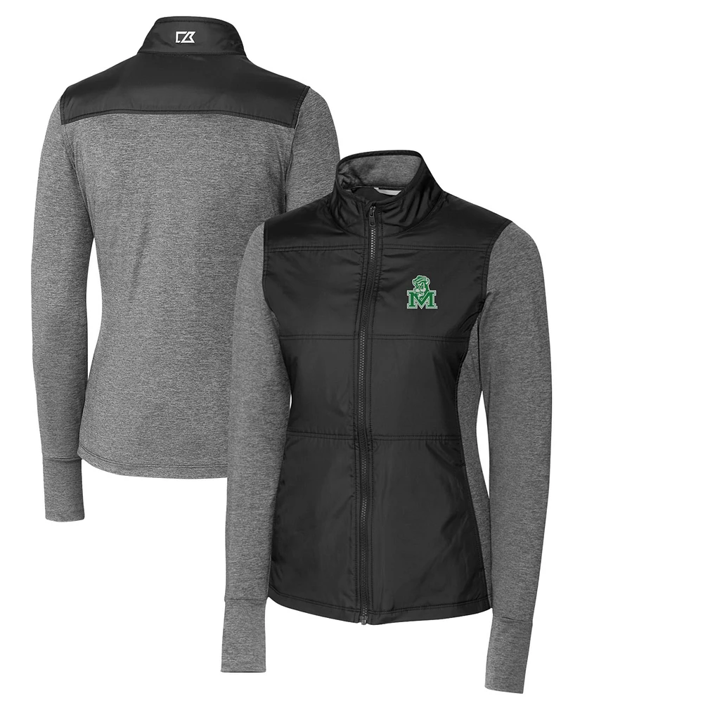 Women's Cutter & Buck Black Marshall Thundering Herd Vault Stealth Hybrid Quilted Full-Zip Jacket