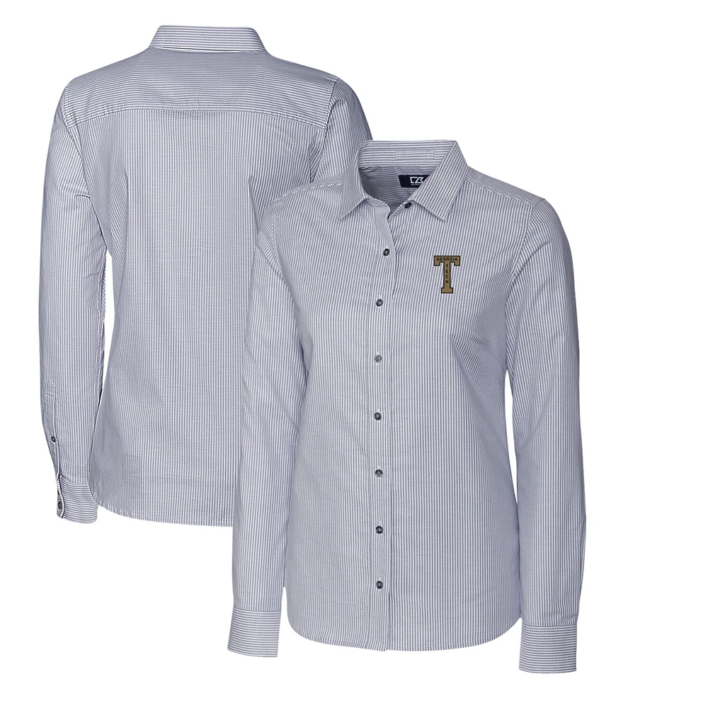 Women's Cutter & Buck Charcoal Georgia Tech Yellow Jackets Oxford Stripe Stretch Long Sleeve Button-Up Shirt