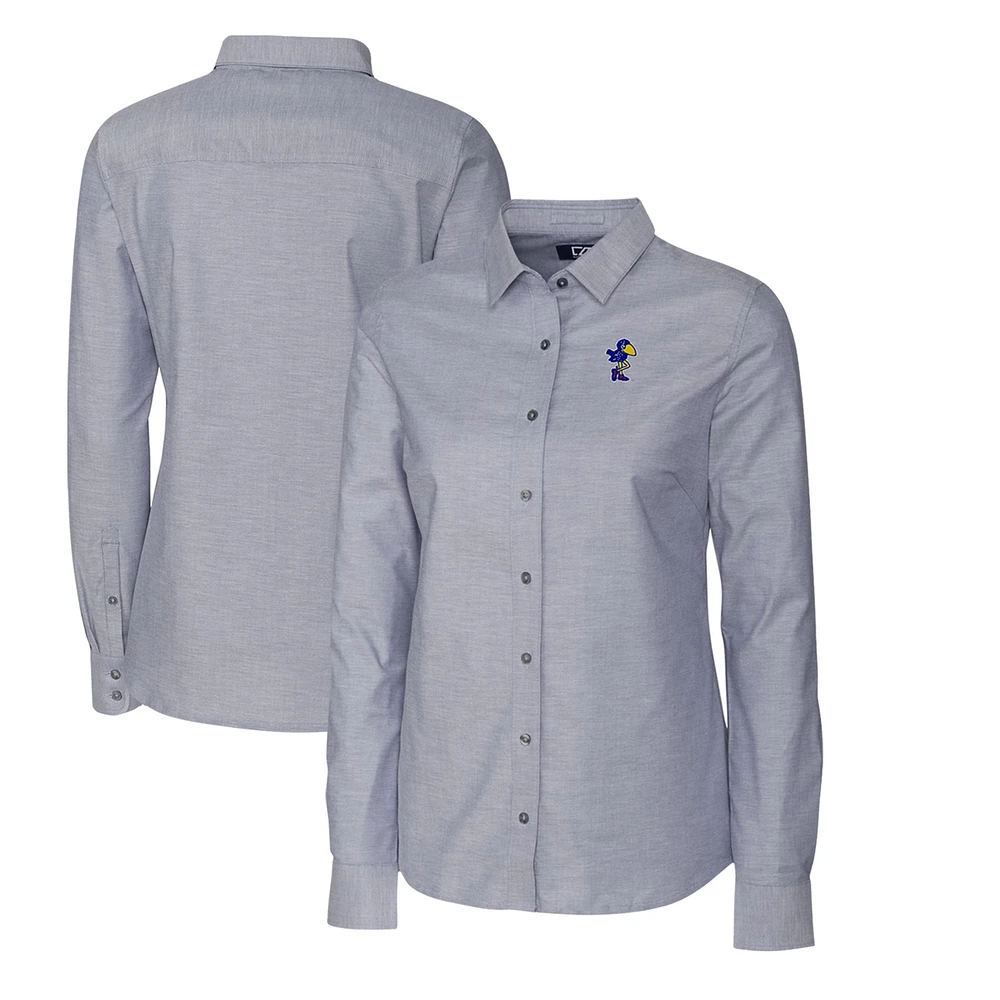 Women's Cutter & Buck Charcoal Kansas Jayhawks Oxford Stretch Long Sleeve Button-Up Shirt