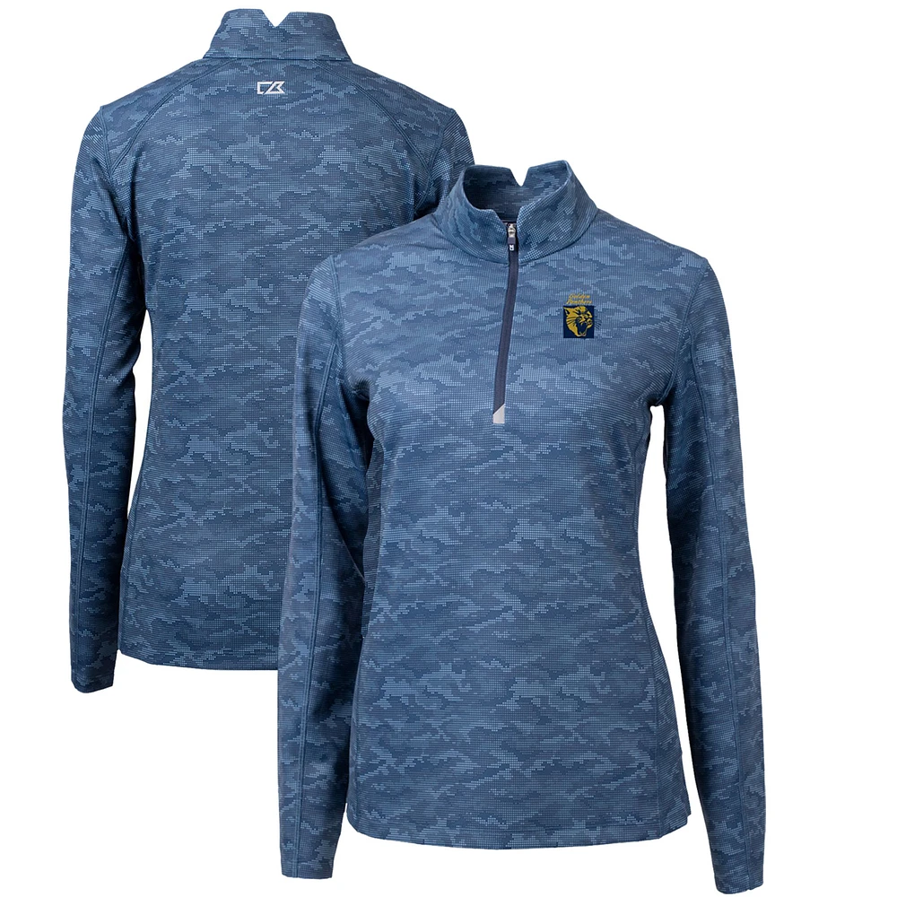 Women's Cutter & Buck Navy FIU Panthers Traverse Camo Print Stretch Quarter-Zip Pullover Top