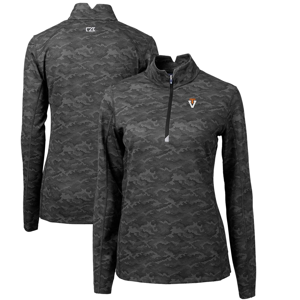 Women's Cutter & Buck Black Virginia Tech Hokies Traverse Camo Print Stretch Quarter-Zip Pullover Top