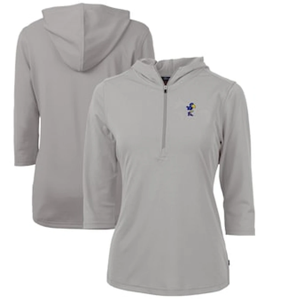 Women's Cutter & Buck Gray Kansas Jayhawks Vault Virtue Eco Pique Recycled Half-Zip Pullover Hoodie