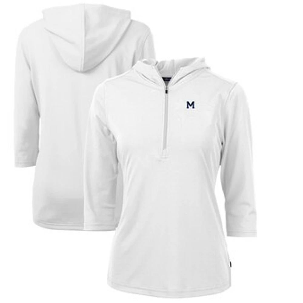 Women's Cutter & Buck White Michigan Wolverines Vault Virtue Eco Pique Recycled Half-Zip Pullover Hoodie