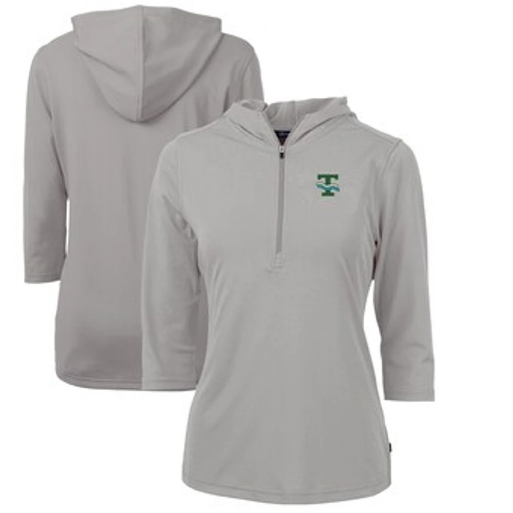 Women's Cutter & Buck Gray Tulane Green Wave Vault Virtue Eco Pique Recycled Half-Zip Pullover Hoodie