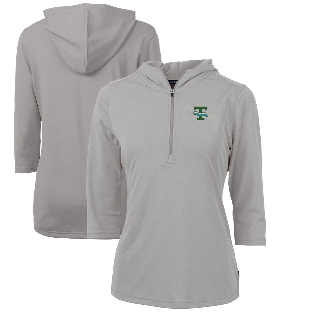 Women's Cutter & Buck Gray Tulane Green Wave Vault Virtue Eco Pique Recycled Half-Zip Pullover Hoodie