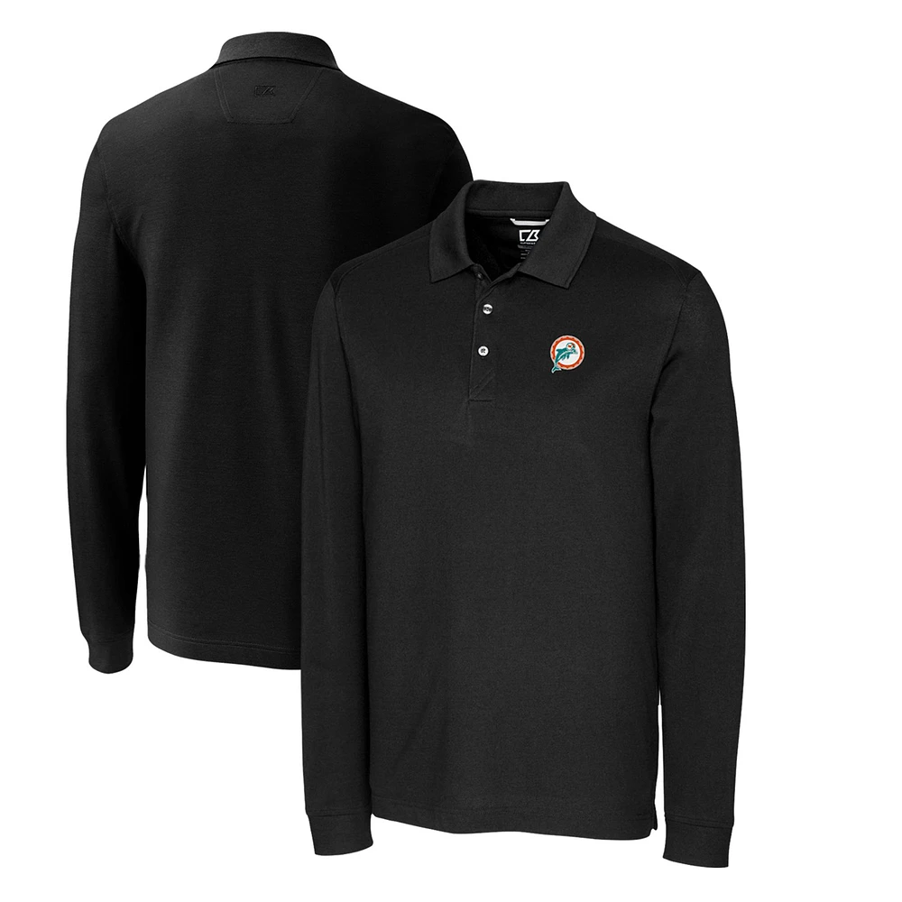 Men's Cutter & Buck Black Miami Dolphins Advantage Tri-Blend Pique Big & Tall Long Sleeve Throwback Polo
