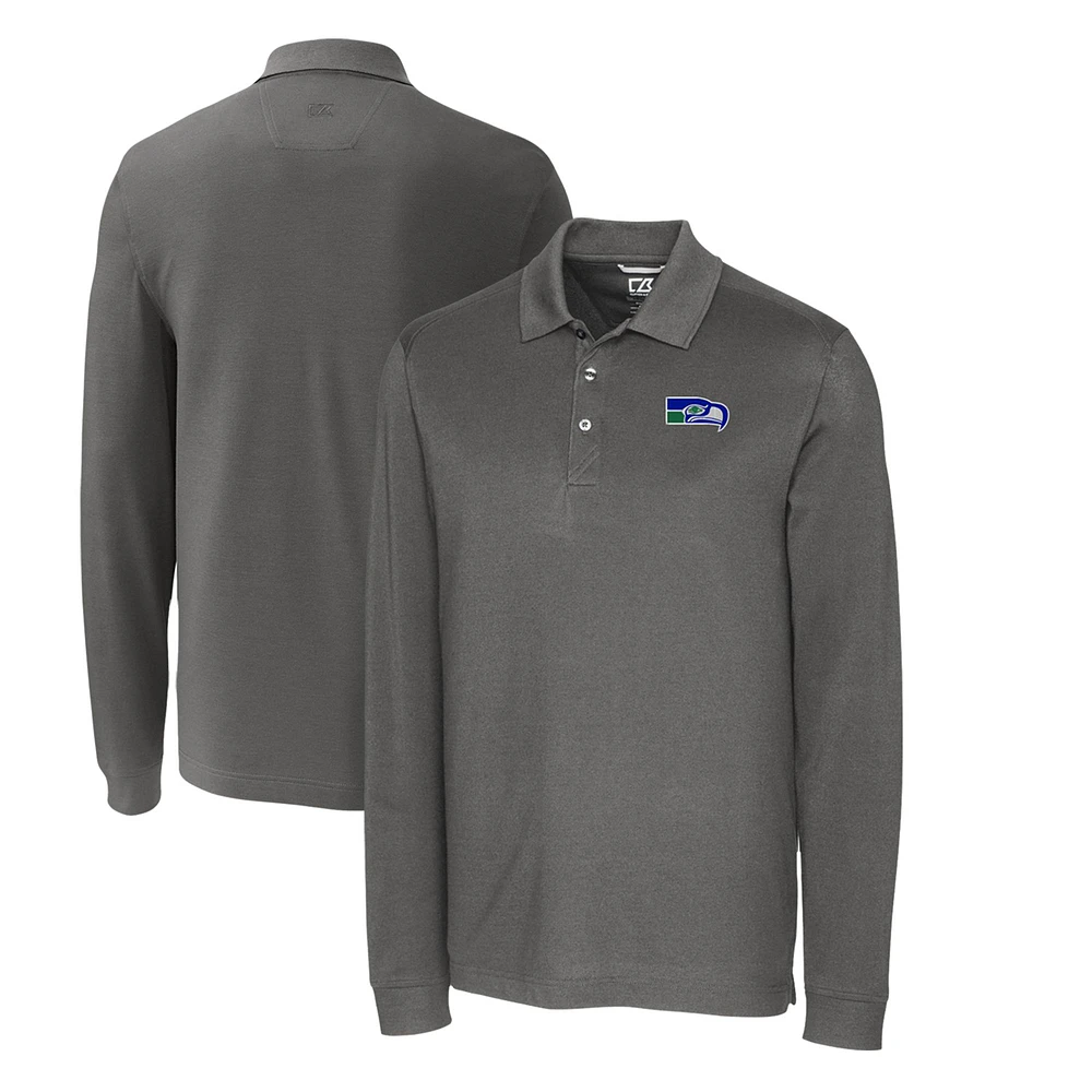 Men's Cutter & Buck Steel Seattle Seahawks Advantage Tri-Blend Pique Big & Tall Long Sleeve Throwback Polo