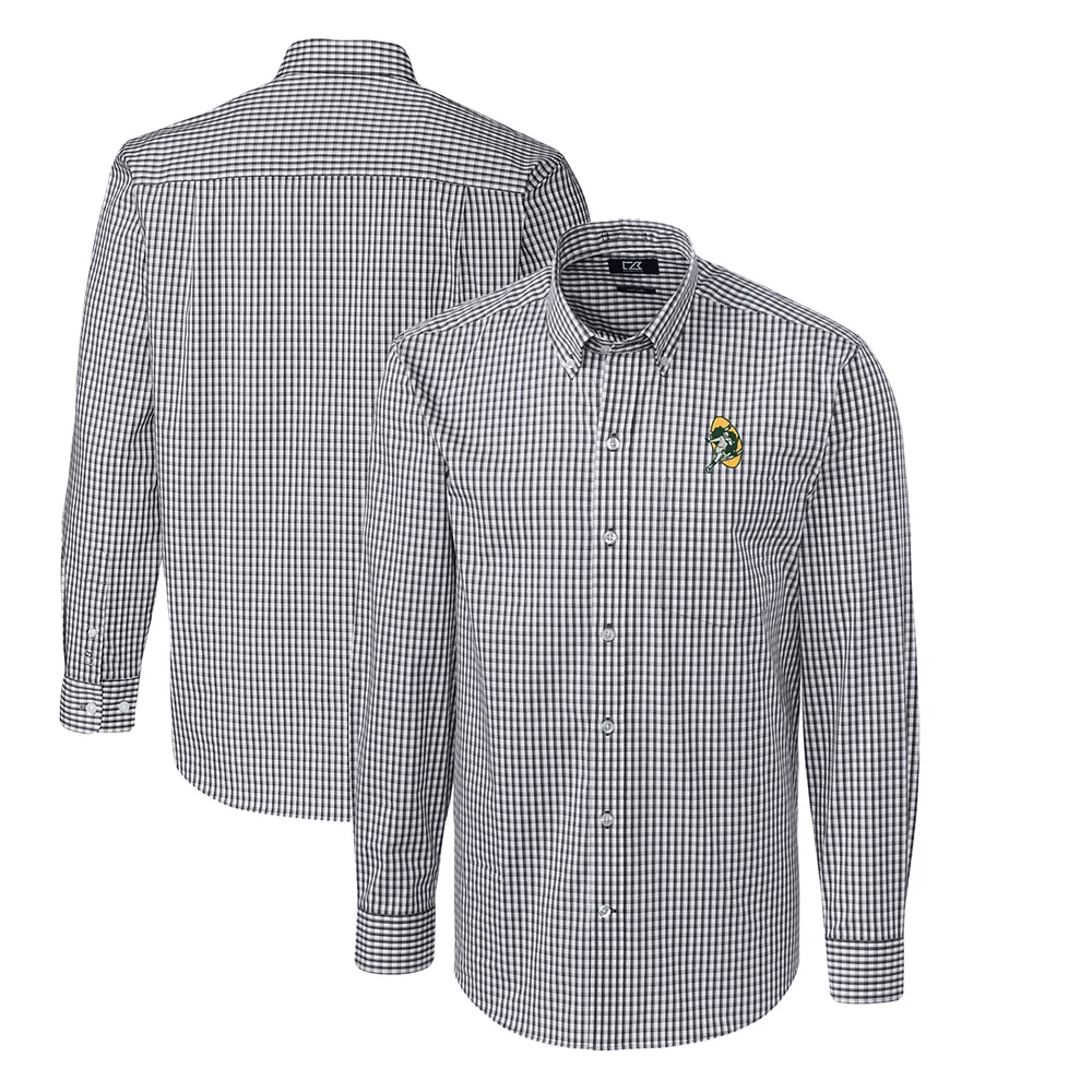 Men's Cutter & Buck Charcoal Green Bay Packers Throwback Logo Easy Care Stretch Gingham Big & Tall Long Sleeve Button-Down Shirt