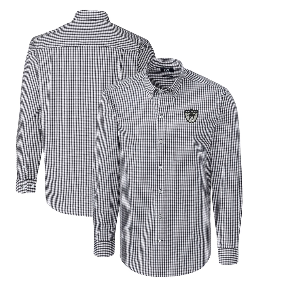 Men's Cutter & Buck Charcoal Las Vegas Raiders Throwback Logo Easy Care Stretch Gingham Big Tall Long Sleeve Button-Down Shirt