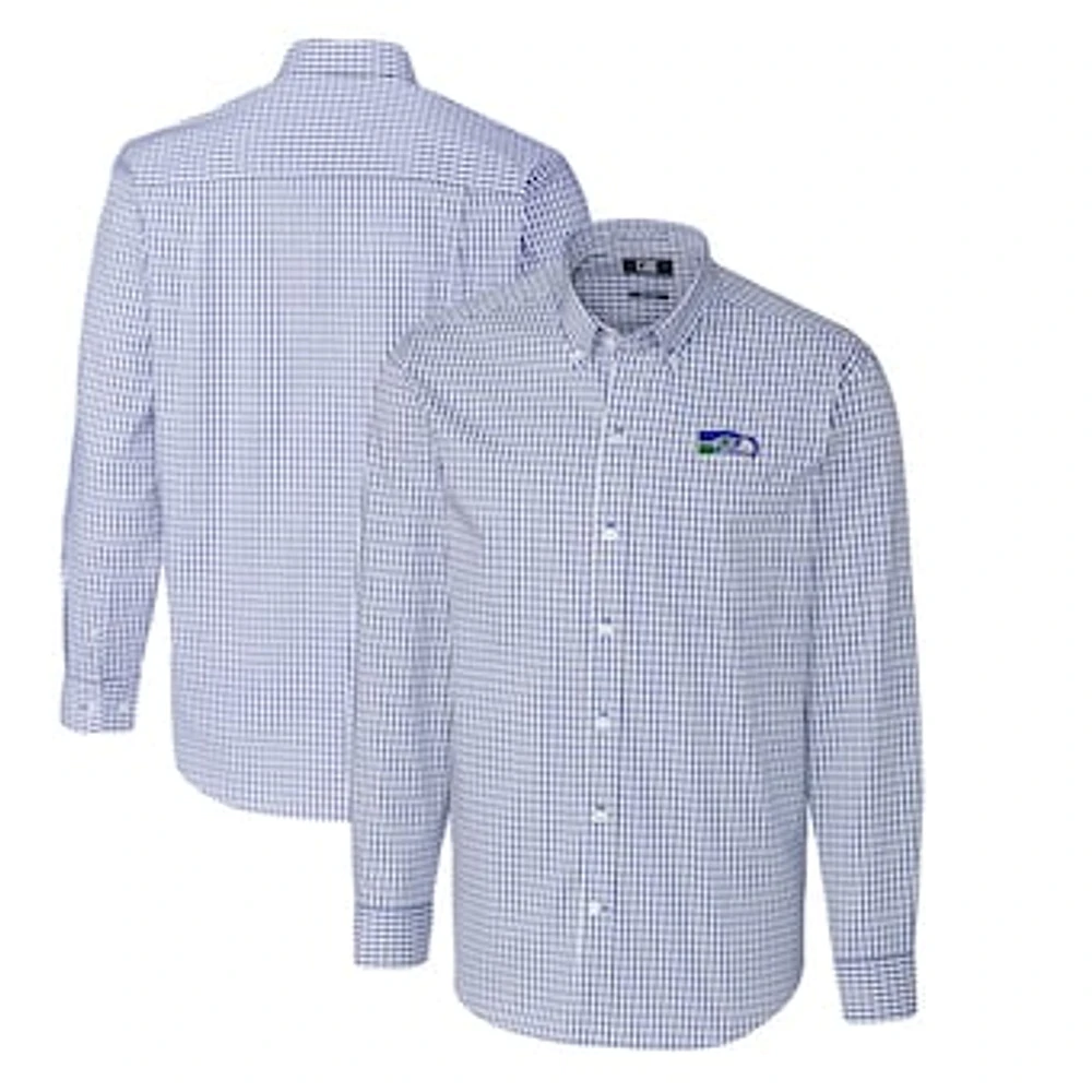 Men's Cutter & Buck Royal Seattle Seahawks Throwback Logo Easy Care Stretch Gingham Big & Tall Long Sleeve Button-Down Shirt