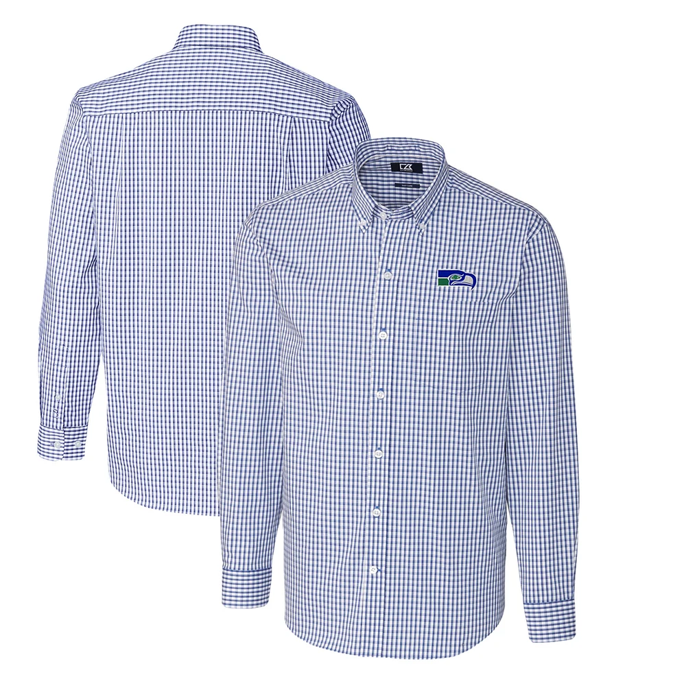 Men's Cutter & Buck Royal Seattle Seahawks Throwback Logo Easy Care Stretch Gingham Big & Tall Long Sleeve Button-Down Shirt