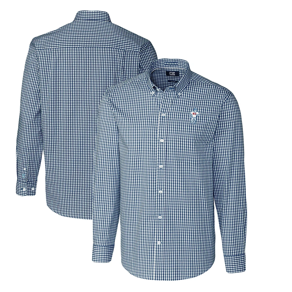 Men's Cutter & Buck Navy Houston Texans Throwback Logo Easy Care Stretch Gingham Big Tall Long Sleeve Button-Down Shirt