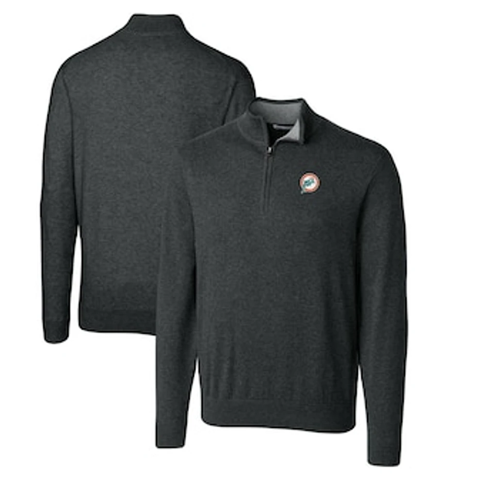Men's Cutter & Buck Heather Charcoal Miami Dolphins Throwback Logo Lakemont Tri-Blend Big Tall Quarter-Zip Pullover Sweater