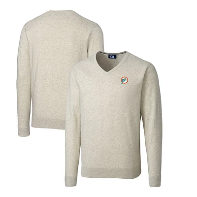 Men's Cutter & Buck Oatmeal Miami Dolphins Throwback Logo Lakemont Tri-Blend Big Tall V-Neck Pullover Sweater