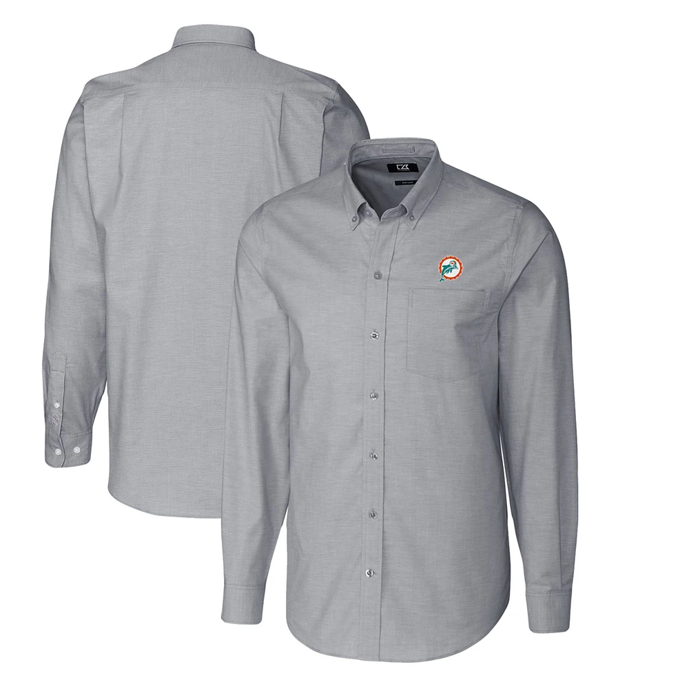 Men's Cutter & Buck Charcoal Miami Dolphins Throwback Logo Big & Tall Long Sleeve Stretch Oxford Button-Down Shirt