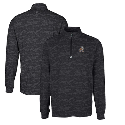 Men's Cutter & Buck Black Cleveland Browns Throwback Logo Big Tall Traverse Camo Print Stretch Quarter-Zip Pullover Top
