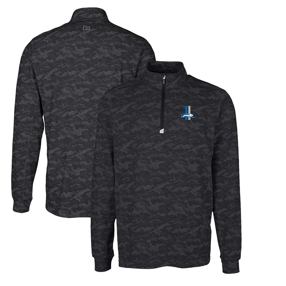 Men's Cutter & Buck Black Detroit Lions Throwback Logo Big Tall Traverse Camo Print Stretch Quarter-Zip Pullover Top