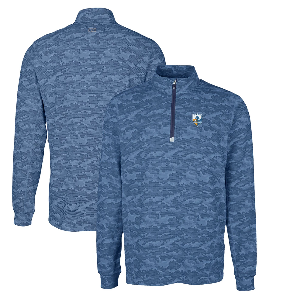Men's Cutter & Buck Navy Los Angeles Chargers Throwback Logo Big Tall Traverse Camo Print Stretch Quarter-Zip Pullover Top