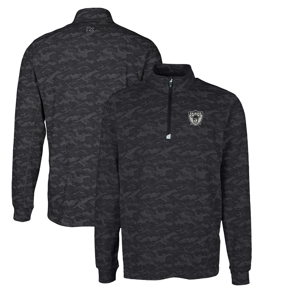Men's Cutter & Buck Black Las Vegas Raiders Throwback Logo Big Tall Traverse Camo Print Stretch Quarter-Zip Pullover Top