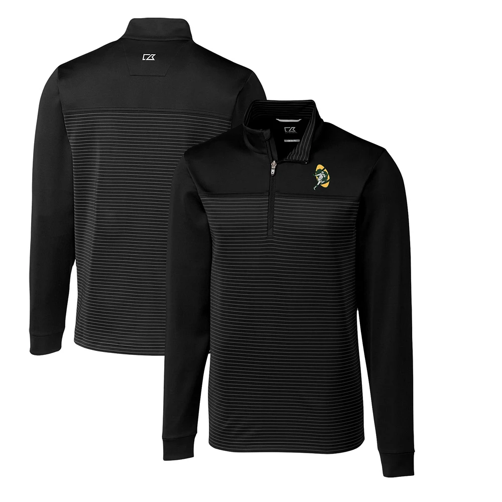 Men's Cutter & Buck Black Green Bay Packers Throwback Logo Traverse Stripe Stretch Quarter-Zip Big Tall Pullover Top