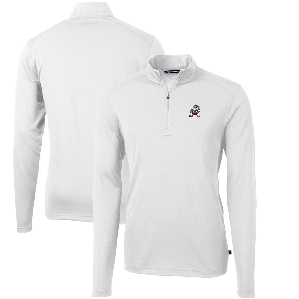 Men's Cutter & Buck White Cleveland Browns Throwback Logo Virtue Eco Pique Recycled Quarter-Zip Big Tall Pullover Top