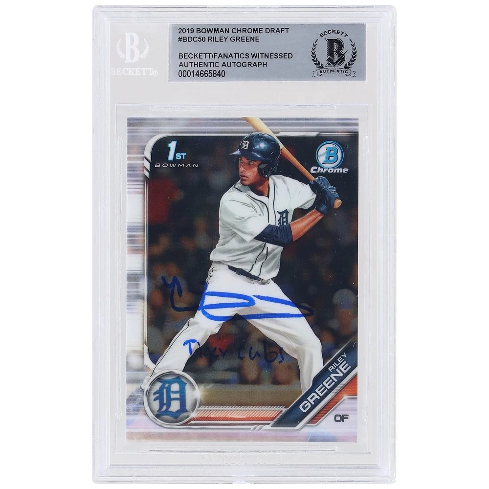 Riley Greene Detroit Tigers Autographed 2019 Bowman Draft Chrome 1st Bowman #BDC-50 Beckett Fanatics Witnessed Authenticated Card with "Tiger Cubs" Inscription