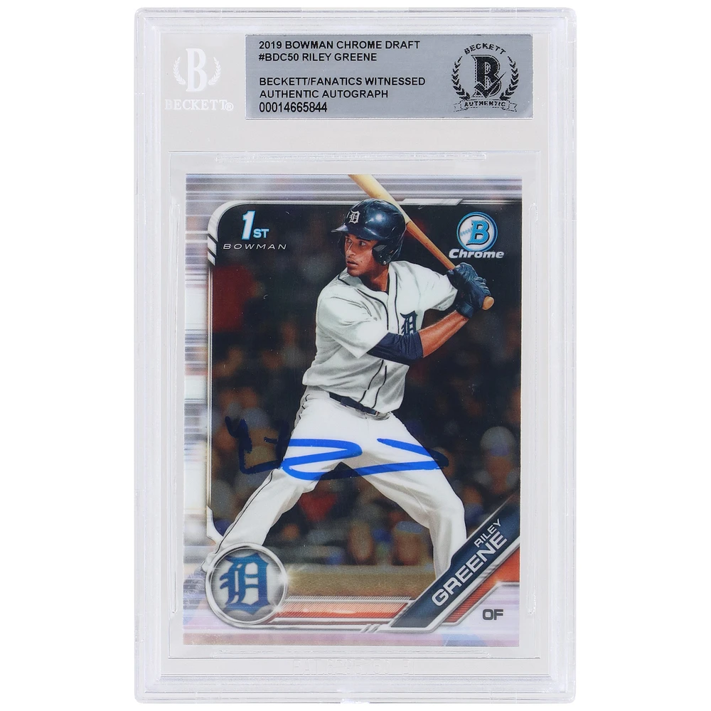 Riley Greene Detroit Tigers Autographed 2019 Bowman Draft Chrome 1st Bowman #BDC-50 Beckett Fanatics Witnessed Authenticated Card