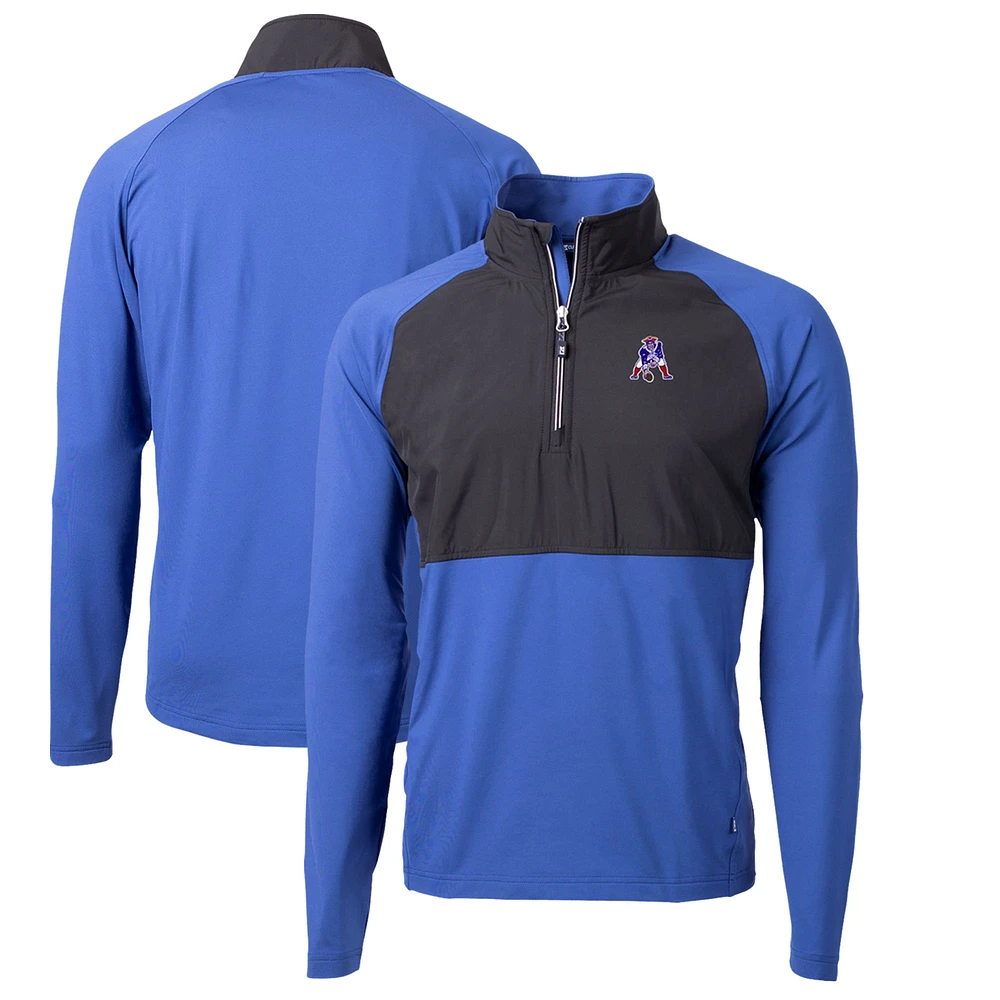 Men's Cutter & Buck Royal/Black New England Patriots Adapt Eco Knit Hybrid Recycled Quarter-Zip Throwback Pullover Top