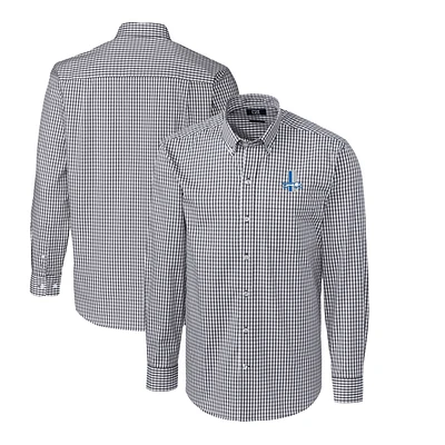Men's Cutter & Buck Charcoal Detroit Lions Throwback Logo Easy Care Stretch Gingham Long Sleeve Button-Down Shirt