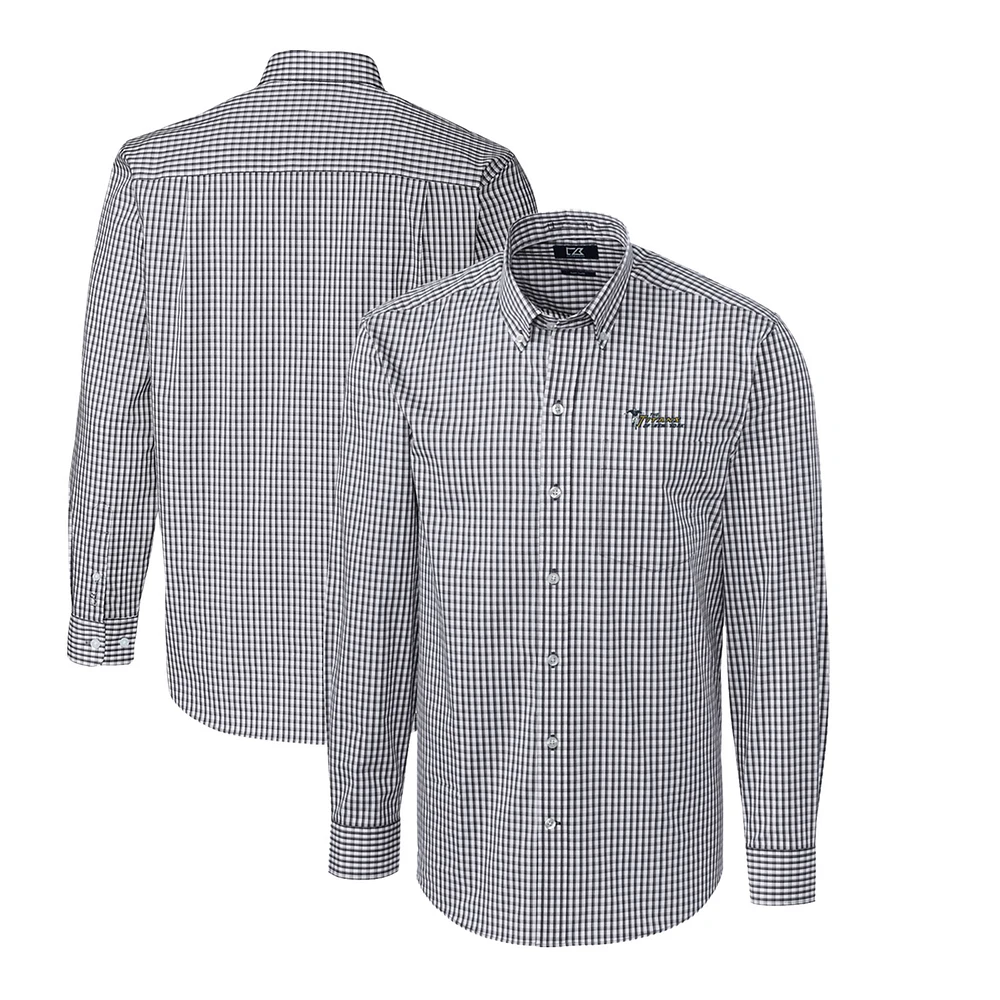 Men's Cutter & Buck Charcoal New York Jets Throwback Logo Easy Care Stretch Gingham Long Sleeve Button-Down Shirt