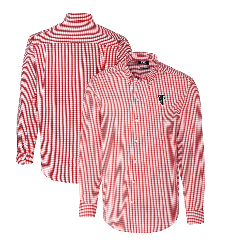 Men's Cutter & Buck Red Atlanta Falcons Throwback Logo Easy Care Stretch Gingham Long Sleeve Button-Down Shirt