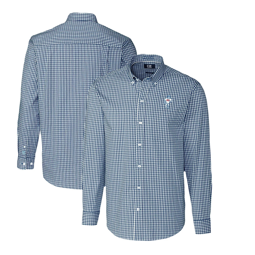 Men's Cutter & Buck Navy Houston Oilers Throwback Logo Easy Care Stretch Gingham Long Sleeve Button-Down Shirt