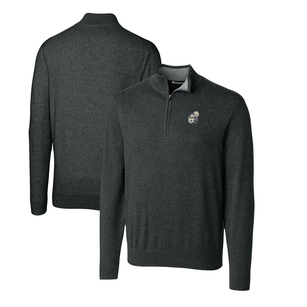 Men's Cutter & Buck Heather Charcoal New Orleans Saints Throwback Logo Lakemont Tri-Blend Quarter-Zip Pullover Sweater