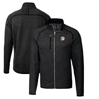 Men's Cutter & Buck Heather Charcoal Miami Dolphins Throwback Logo Mainsail Sweater-Knit Full-Zip Jacket