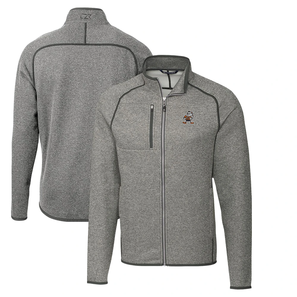 Men's Cutter & Buck Heather Gray Cleveland Browns Throwback Logo Mainsail Sweater-Knit Full-Zip Jacket