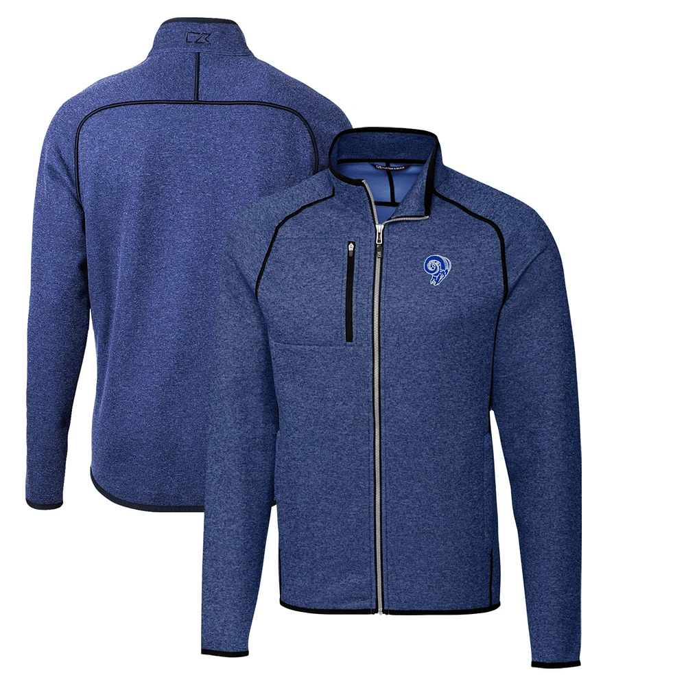 Men's Cutter & Buck Heather Royal Los Angeles Rams Throwback Logo Mainsail Sweater-Knit Full-Zip Jacket