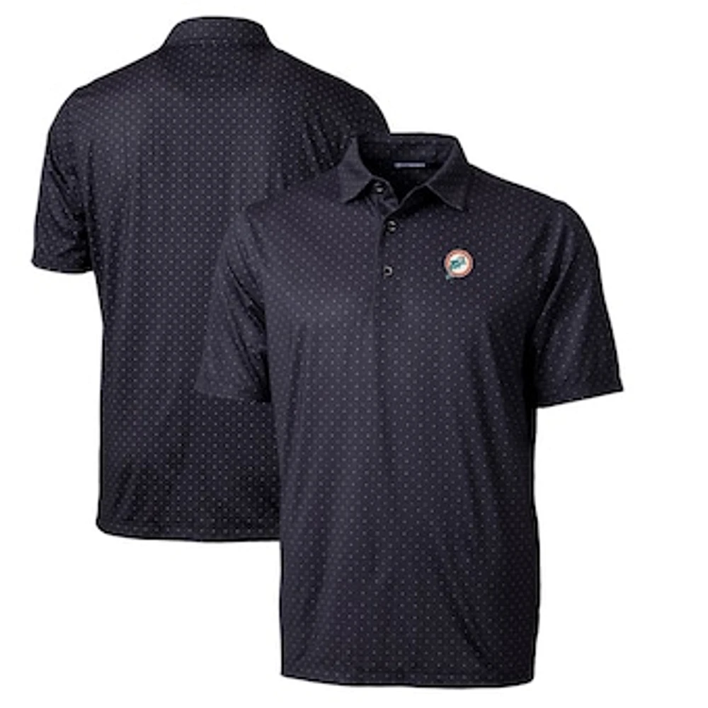 Men's Cutter & Buck Black Miami Dolphins Throwback Logo Pike Double Dot Print Stretch Polo