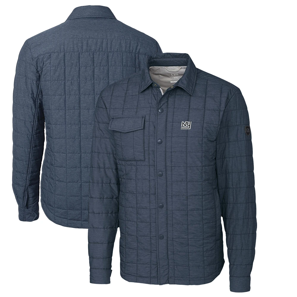 Men's Cutter & Buck Heather Navy New York Giants Throwback Logo Rainier PrimaLoft Eco Insulated Quilted Button-Up Shacket