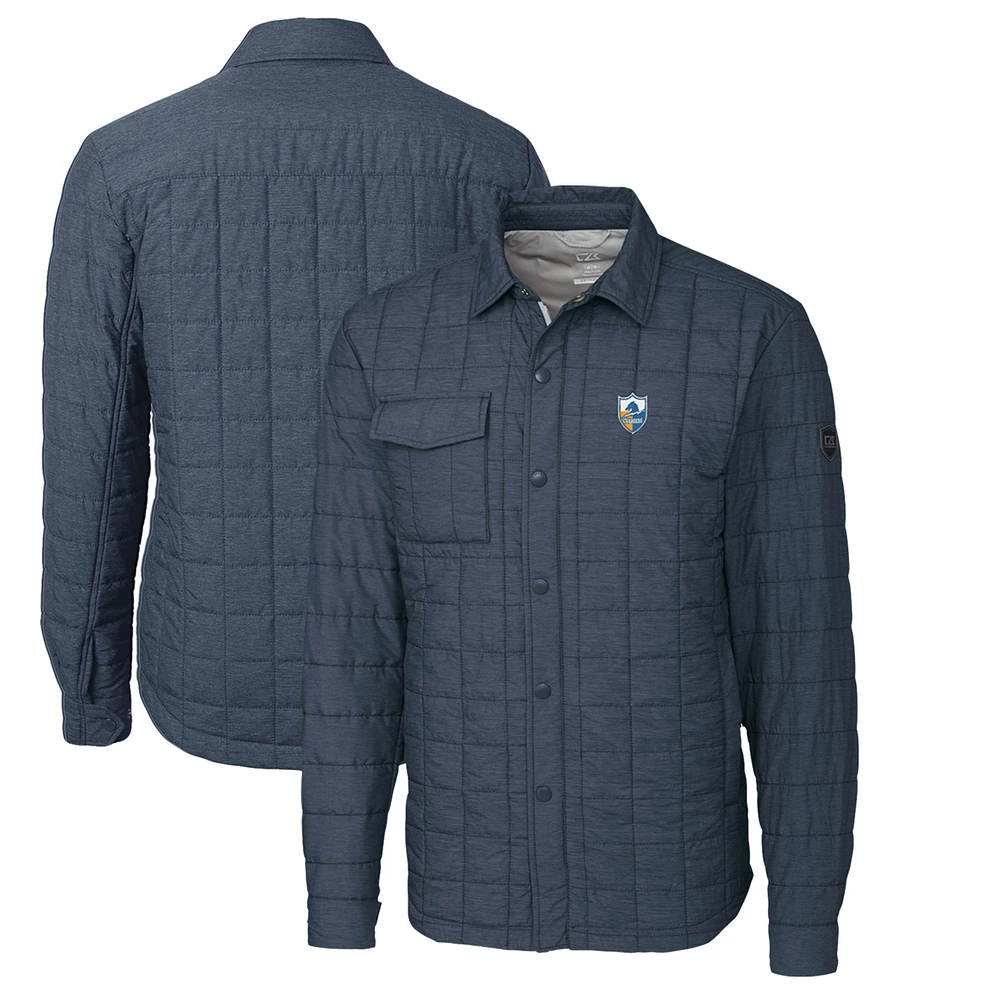 Men's Cutter & Buck Heather Navy Los Angeles Chargers Throwback Logo Rainier PrimaLoft Eco Insulated Quilted Button-Up Shacket