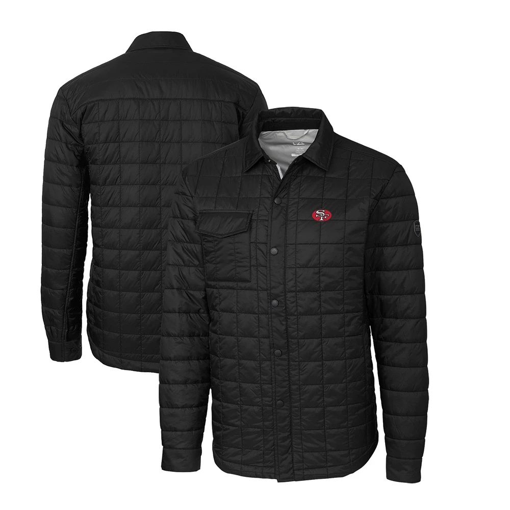 Men's Cutter & Buck Black San Francisco 49ers Throwback Logo Rainier PrimaLoft Eco Insulated Quilted Button-Up Shacket