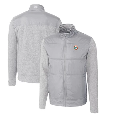 Men's Cutter & Buck Gray Miami Dolphins Throwback Logo Stealth Hybrid Quilted Full-Zip Windbreaker Jacket