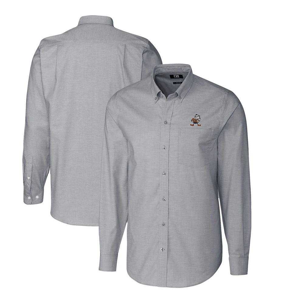 Men's Cutter & Buck Charcoal Cleveland Browns Throwback Logo Long Sleeve Stretch Oxford Button-Down Shirt