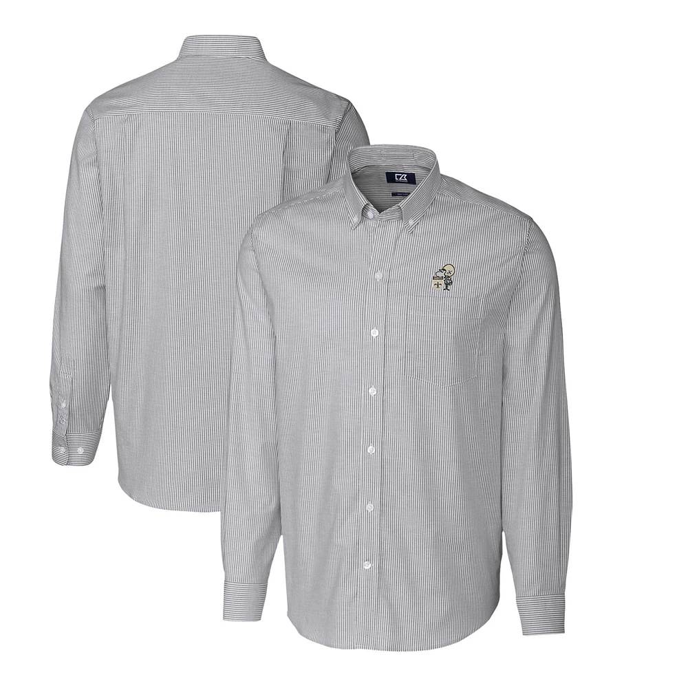 Men's Cutter & Buck Charcoal New Orleans Saints Throwback Logo Stretch Oxford Stripe Long Sleeve Button Down Shirt
